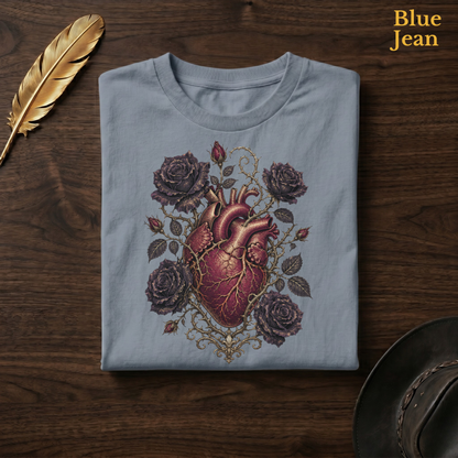 Anatomical Heart in Bloom tee in Blue Jean, a faded denim-blue garment-dyed shirt folded flat on dark walnut wood beside a gold feather and a leather hat, the dark valentine heart design on the chest, labelled Blue Jean.