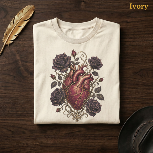 Anatomical Heart in Bloom tee in Ivory, folded flat on dark walnut wood beside a gold feather and a leather hat, the gothic heart, thorn vine, and black rose design on the chest, labelled Ivory.