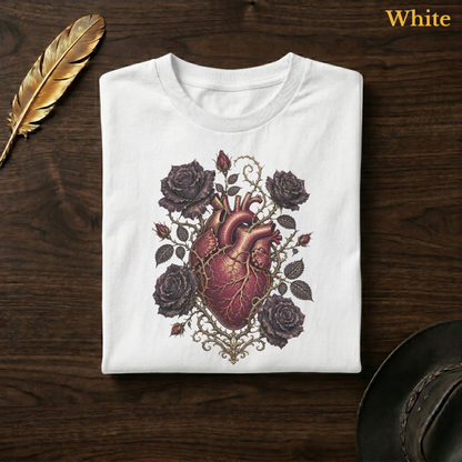 Anatomical Heart in Bloom tee in White, folded flat on dark walnut wood beside a gold feather and a leather hat, the full-colour anatomical heart, rose, and thorn vine design printed on the chest, labelled White.