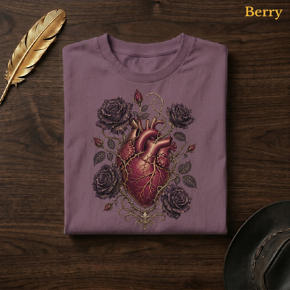 Anatomical Heart in Bloom tee in Berry, a muted mauve-plum garment-dyed shirt folded flat on dark walnut wood beside a gold feather and a leather hat, the black rose heart design on the chest, labelled Berry.
