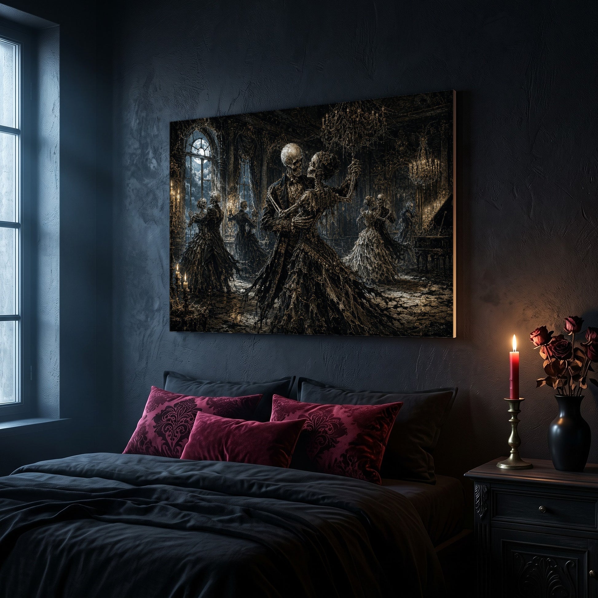 The Last Waltz ballroom canvas hanging on a dark navy wall above a bed in a gothic bedroom, with magenta and burgundy damask velvet cushions against dark bedding, a tall window to the left, and a nightstand holding a lit red taper candle in a brass holder and a black vase of dried roses.