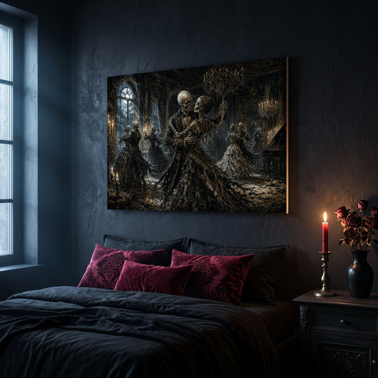 The Last Waltz ballroom canvas hanging on a dark navy wall above a bed in a gothic bedroom, with magenta and burgundy damask velvet cushions against dark bedding, a tall window to the left, and a nightstand holding a lit red taper candle in a brass holder and a black vase of dried roses.