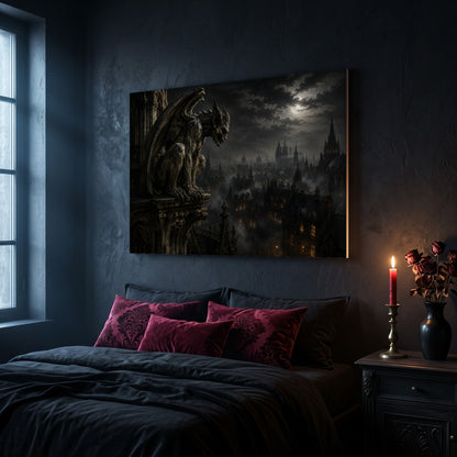 Nightwatch gargoyle canvas hanging on a dark navy wall above a bed in a gothic bedroom, with magenta and burgundy damask velvet cushions against dark bedding, a tall window to the left, and a nightstand holding a lit red taper candle in a brass holder and a black vase of dried roses.