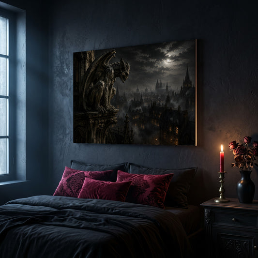 Nightwatch gargoyle canvas hanging on a dark navy wall above a bed in a gothic bedroom, with magenta and burgundy damask velvet cushions against dark bedding, a tall window to the left, and a nightstand holding a lit red taper candle in a brass holder and a black vase of dried roses.