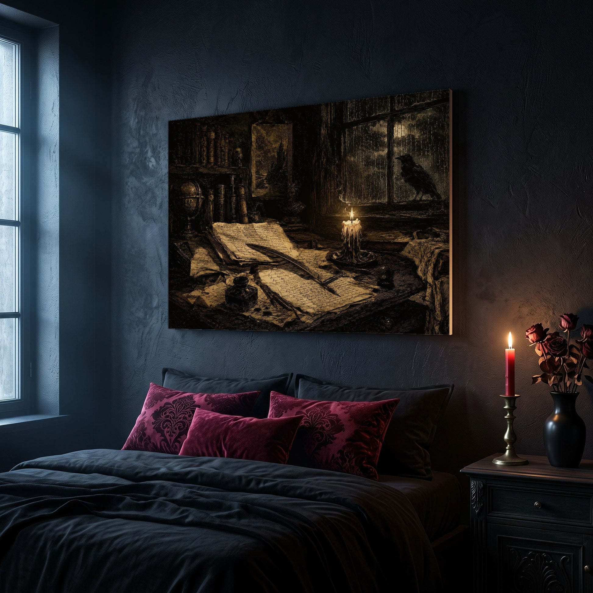 The Unfinished Letter canvas hanging on a dark navy wall in a gothic bedroom above a bed with burgundy velvet pillows and charcoal bedding, beside a leaded window and a wooden nightstand holding a lit red taper candle in a brass holder and a black vase of dark roses.