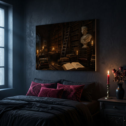 The Small Hours canvas hanging on a dark navy wall above a bed in a gothic bedroom, with magenta and burgundy damask velvet cushions against dark bedding, a tall window to the left, and a nightstand holding a lit red taper candle in a brass holder and a black vase of dried roses.