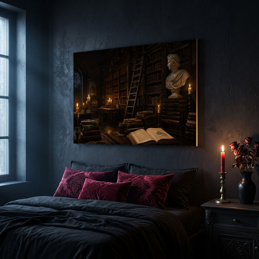 The Small Hours canvas hanging on a dark navy wall above a bed in a gothic bedroom, with magenta and burgundy damask velvet cushions against dark bedding, a tall window to the left, and a nightstand holding a lit red taper candle in a brass holder and a black vase of dried roses.
