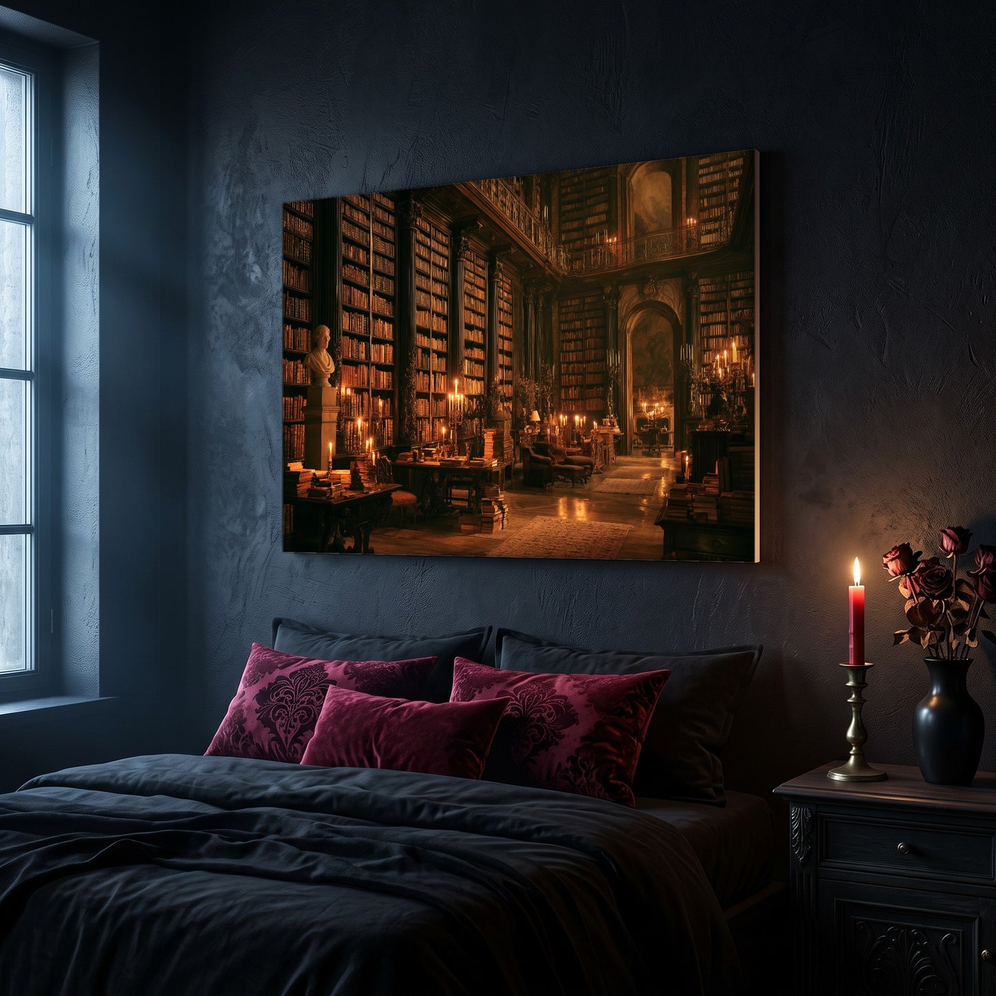 The Long Gallery library canvas hanging on a dark navy wall above a bed in a gothic bedroom, with magenta and burgundy damask velvet cushions against dark bedding, a tall window to the left, and a nightstand holding a lit red taper candle in a brass holder and a black vase of dried roses.