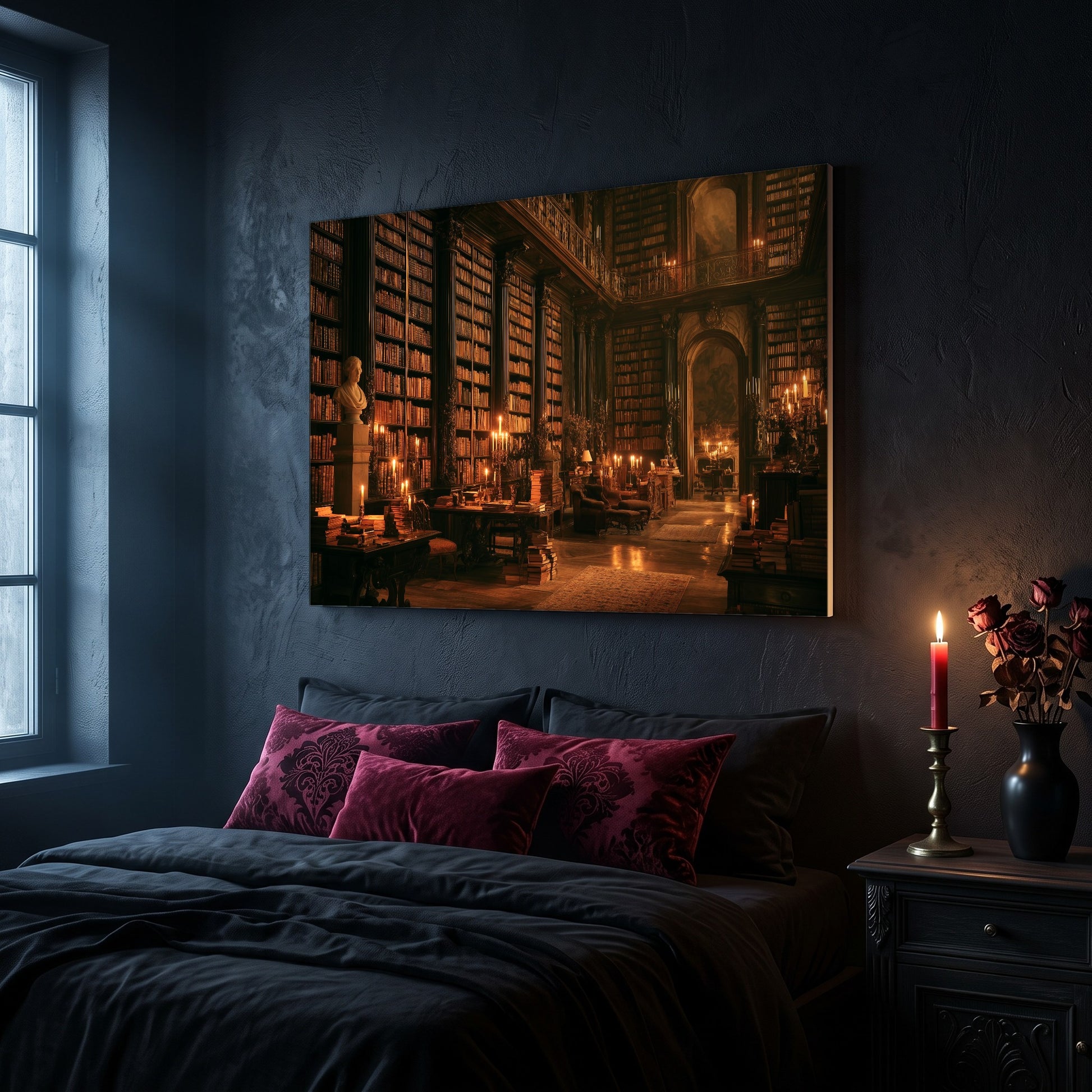 The Long Gallery library canvas hanging on a dark navy wall above a bed in a gothic bedroom, with magenta and burgundy damask velvet cushions against dark bedding, a tall window to the left, and a nightstand holding a lit red taper candle in a brass holder and a black vase of dried roses.