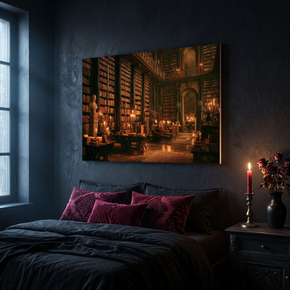 The Long Gallery library canvas hanging on a dark navy wall above a bed in a gothic bedroom, with magenta and burgundy damask velvet cushions against dark bedding, a tall window to the left, and a nightstand holding a lit red taper candle in a brass holder and a black vase of dried roses.