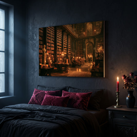 The Long Gallery library canvas hanging on a dark navy wall above a bed in a gothic bedroom, with magenta and burgundy damask velvet cushions against dark bedding, a tall window to the left, and a nightstand holding a lit red taper candle in a brass holder and a black vase of dried roses.