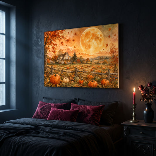 Homestead Moonrise canvas hanging on a dark navy wall in a moody bedroom, above a bed with burgundy velvet pillows and charcoal bedding, beside a lit red taper candle in a brass holder and a black vase of dark roses on the nightstand.