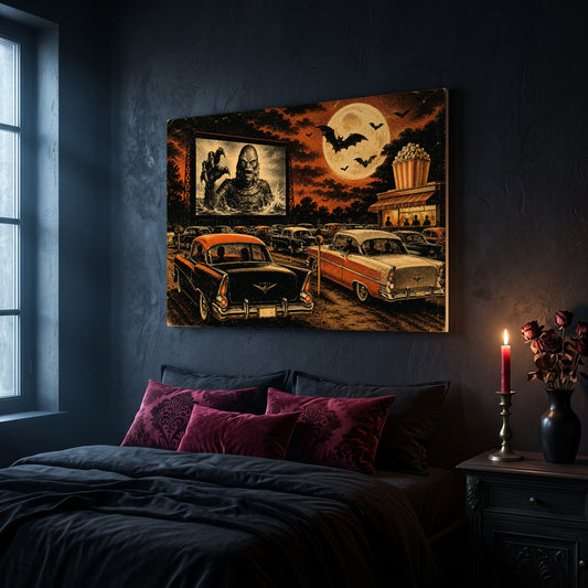 Popcorn and Moonlight canvas hanging on a dark navy wall in a gothic bedroom, above a bed with burgundy velvet pillows and charcoal bedding, beside a window and a wooden nightstand holding a lit red taper candle in a brass holder and a vase of rosemary greenery.