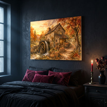 Millpond Gold landscape canvas hanging on a dark navy wall in a bedroom, above a bed with burgundy velvet pillows and charcoal bedding, beside an arched leaded window and a wooden nightstand holding a lit red taper candle in a brass holder and a black vase of dried roses.