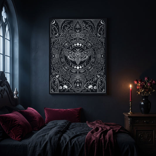 Vanitas death moth canvas hanging on a dark navy wall in a gothic bedroom, above a bed with burgundy velvet pillows and charcoal bedding, beside an arched leaded window and a wooden nightstand holding a lit red taper candle in a brass holder and a black vase of dried roses.
