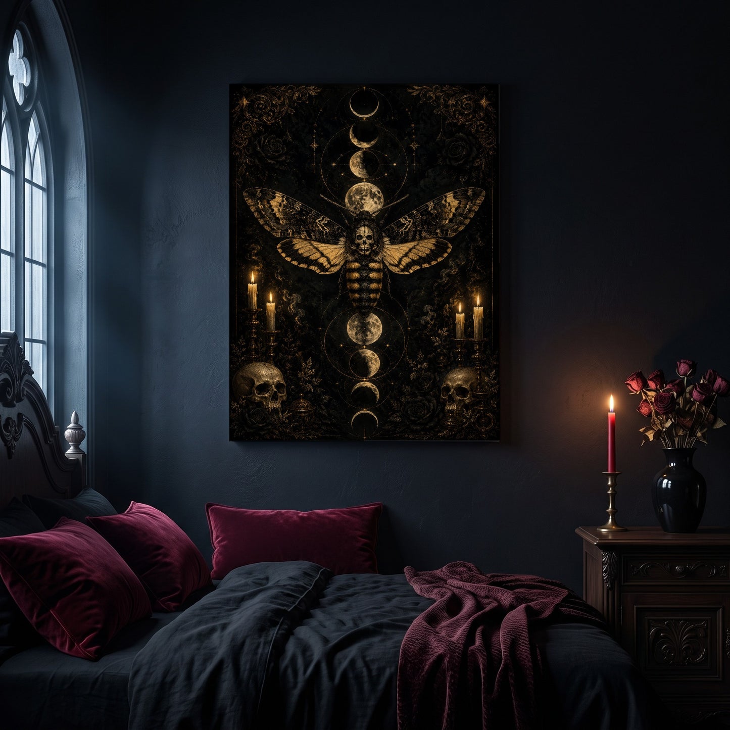 Acherontia moth canvas hanging on a dark navy wall in a gothic bedroom, above a bed with burgundy velvet pillows and charcoal bedding, beside an arched leaded window and a wooden nightstand holding a lit red taper candle in a brass holder and a black vase of dried roses.