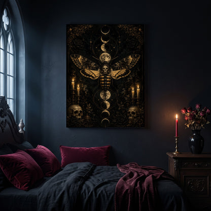 Acherontia moth canvas hanging on a dark navy wall in a gothic bedroom, above a bed with burgundy velvet pillows and charcoal bedding, beside an arched leaded window and a wooden nightstand holding a lit red taper candle in a brass holder and a black vase of dried roses.