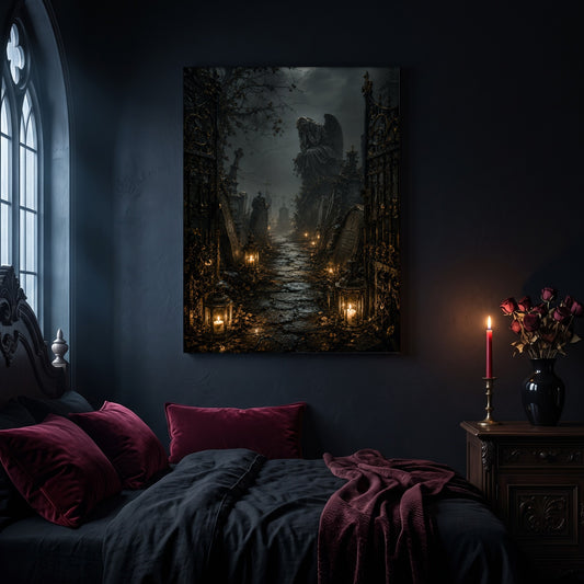 The Lychgate cemetery canvas hanging on a dark navy wall in a gothic bedroom, above a bed with burgundy velvet pillows and charcoal bedding, beside an arched leaded window and a wooden nightstand holding a lit red taper candle in a brass holder and a black vase of dried roses.