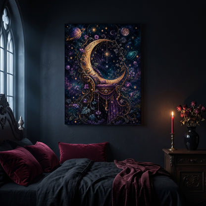 The Crescent Court canvas hanging on a dark navy wall in a gothic bedroom, above a bed with burgundy velvet pillows and charcoal bedding, beside an arched leaded window and a wooden nightstand holding a lit red taper candle in a brass holder and a black vase of dried roses.