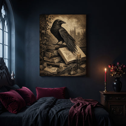 Muninn's Vigil framed canvas hanging on a dark navy wall in a gothic bedroom, above a bed with burgundy velvet pillows and charcoal bedding, beside an arched leaded window and a wooden nightstand holding a lit red taper candle in a brass holder and a black vase of dried roses.