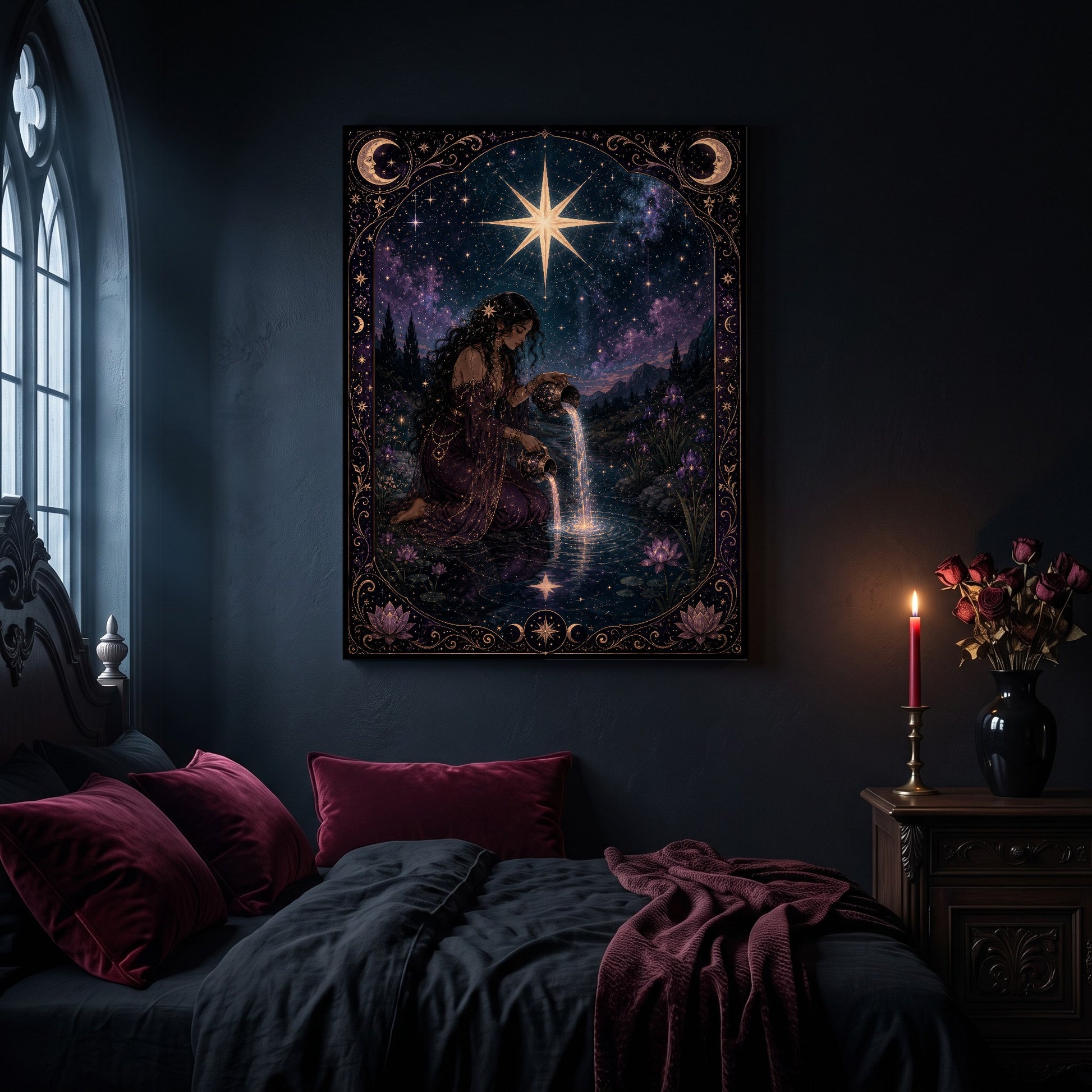 Nocturne Tarot: The Star canvas hanging on a dark navy wall in a gothic bedroom, above a bed with burgundy velvet pillows and charcoal bedding, beside an arched leaded window and a wooden nightstand holding a lit red taper candle in a brass holder and a black vase of dried roses.
