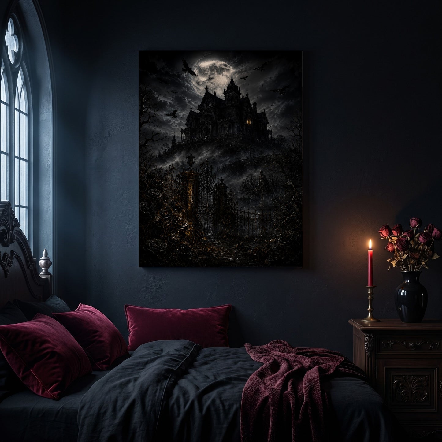 Ravensward manor canvas hanging on a dark navy wall in a gothic bedroom, above a bed with burgundy velvet pillows and charcoal bedding, beside an arched leaded window and a wooden nightstand holding a lit red taper candle in a brass holder and a black vase of dried roses.