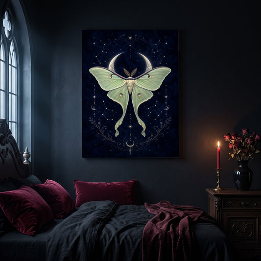 Verdigris luna moth canvas hanging on a dark navy wall in a gothic bedroom, above a bed with burgundy velvet pillows and charcoal bedding, beside an arched leaded window and a wooden nightstand holding a lit red taper candle in a brass holder and a black vase of dried roses.