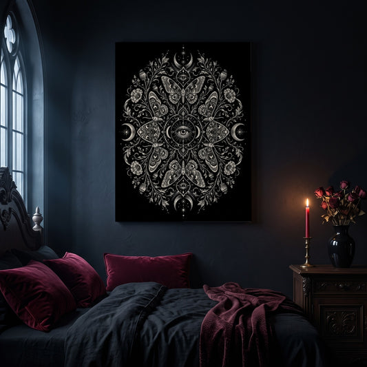 Argus all seeing eye canvas hanging on a dark navy wall in a gothic bedroom, above a bed with burgundy velvet pillows and charcoal bedding, beside an arched leaded window and a wooden nightstand holding a lit red taper candle in a brass holder and a black vase of dried roses.
