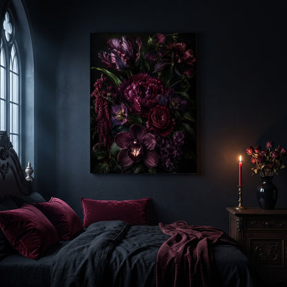 Umbra dark floral canvas hanging on a dark navy wall in a gothic bedroom, above a bed with burgundy velvet pillows and charcoal bedding, beside an arched leaded window and a wooden nightstand holding a lit red taper candle in a brass holder and a black vase of dried roses.
