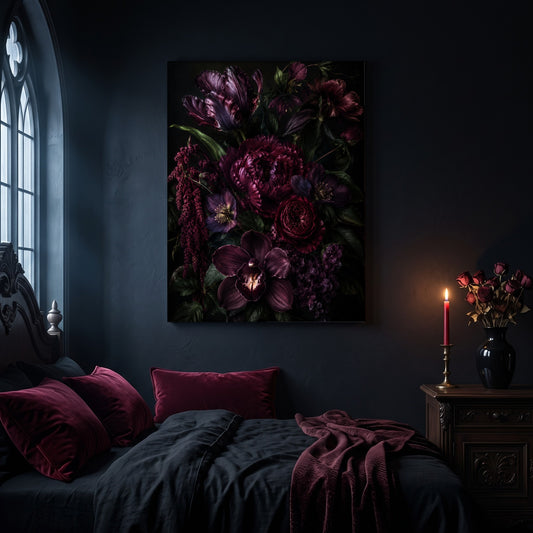 Umbra dark floral canvas hanging on a dark navy wall in a gothic bedroom, above a bed with burgundy velvet pillows and charcoal bedding, beside an arched leaded window and a wooden nightstand holding a lit red taper candle in a brass holder and a black vase of dried roses.
