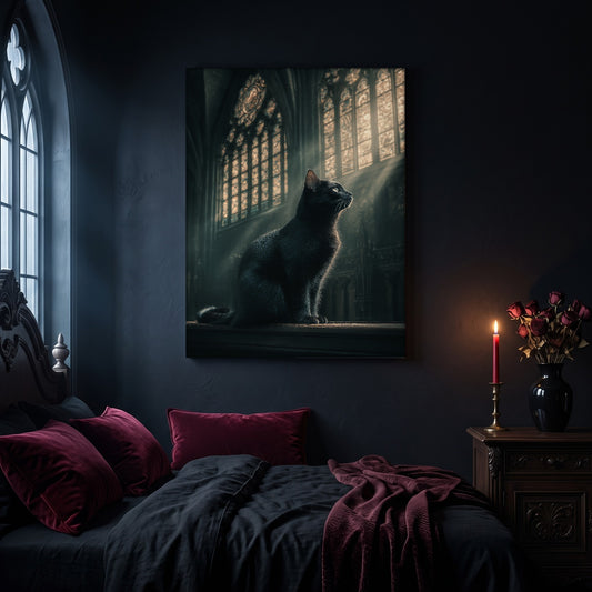 Grimalkin cat canvas hanging on a dark navy wall in a gothic bedroom, above a bed with burgundy velvet pillows and charcoal bedding, beside an arched leaded window and a wooden nightstand holding a lit red taper candle in a brass holder and a black vase of dried roses.