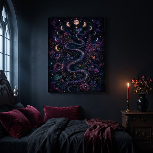 Celestial Serpent canvas hanging on a dark navy wall in a gothic bedroom, above a bed with burgundy velvet pillows and charcoal bedding, beside an arched leaded window and a wooden nightstand holding a lit red taper candle in a brass holder and a black vase of dried roses.