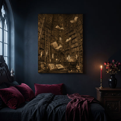 The Untethered Athenaeum library canvas hanging on a dark navy wall in a gothic bedroom, above a bed with burgundy velvet pillows and charcoal bedding, beside an arched leaded window and a wooden nightstand holding a lit red taper candle in a brass holder and a black vase of dried roses.