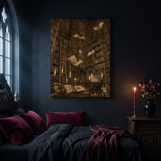 The Untethered Athenaeum library canvas hanging on a dark navy wall in a gothic bedroom, above a bed with burgundy velvet pillows and charcoal bedding, beside an arched leaded window and a wooden nightstand holding a lit red taper candle in a brass holder and a black vase of dried roses.