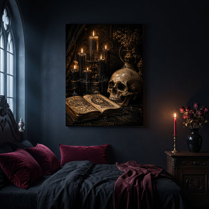 The Black Hours still life canvas hanging on a dark navy wall in a gothic bedroom, above a bed with burgundy velvet pillows and charcoal bedding, beside an arched leaded window and a wooden nightstand holding a lit red taper candle in a brass holder and a black vase of dried roses.
