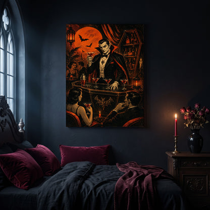 Shaken Not Staked vampire bar canvas hanging on a dark navy wall in a gothic bedroom, above a bed with burgundy velvet pillows and charcoal bedding, beside an arched leaded window and a wooden nightstand holding a lit red taper candle in a brass holder and a black vase of dried roses.