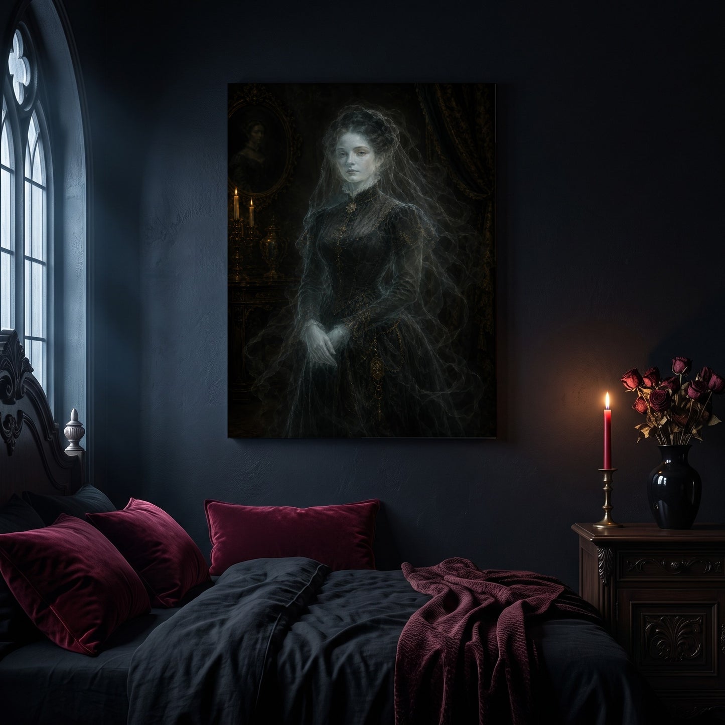 The Grey Lady ghost canvas hanging on a dark navy wall in a gothic bedroom, above a bed with burgundy velvet pillows and charcoal bedding, beside an arched leaded window and a wooden nightstand holding a lit red taper candle in a brass holder and a black vase of dried roses.