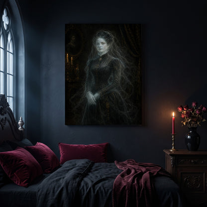 The Grey Lady ghost canvas hanging on a dark navy wall in a gothic bedroom, above a bed with burgundy velvet pillows and charcoal bedding, beside an arched leaded window and a wooden nightstand holding a lit red taper candle in a brass holder and a black vase of dried roses.