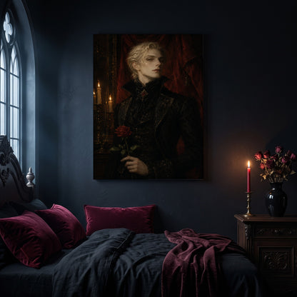 The Aesthete portrait canvas hanging on a dark navy wall in a gothic bedroom, above a bed with burgundy velvet pillows and charcoal bedding, beside an arched leaded window and a wooden nightstand holding a lit red taper candle in a brass holder and a black vase of dried roses.