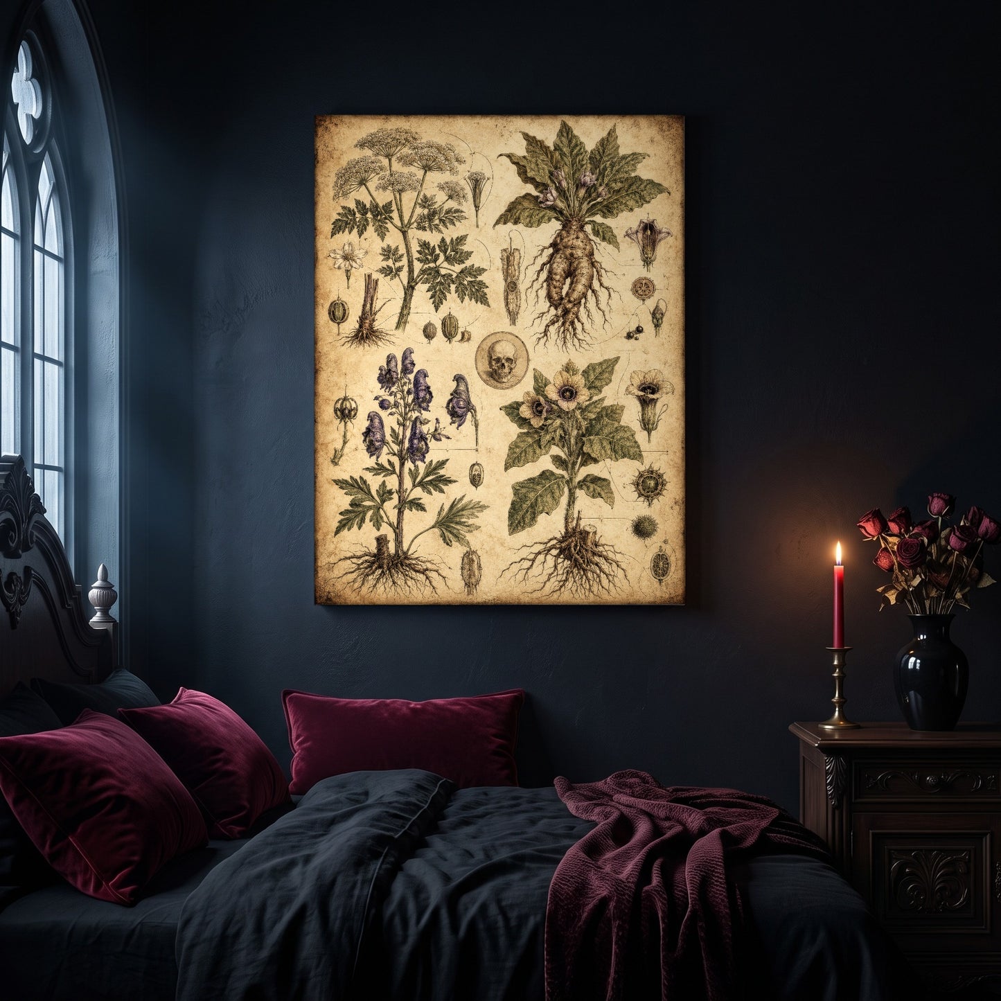 Poison Garden chart canvas hanging on a dark navy wall in a gothic bedroom, above a bed with burgundy velvet pillows and charcoal bedding, beside an arched leaded window and a wooden nightstand holding a lit red taper candle in a brass holder and a black vase of dried roses.