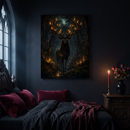 The Nightwarden antler candelabra canvas hanging on a dark navy wall above a bed in a gothic bedroom, with magenta and burgundy velvet cushions against dark bedding, a tall arched window to the left, and a nightstand holding a lit red taper candle in a brass holder and a black vase of dried roses.