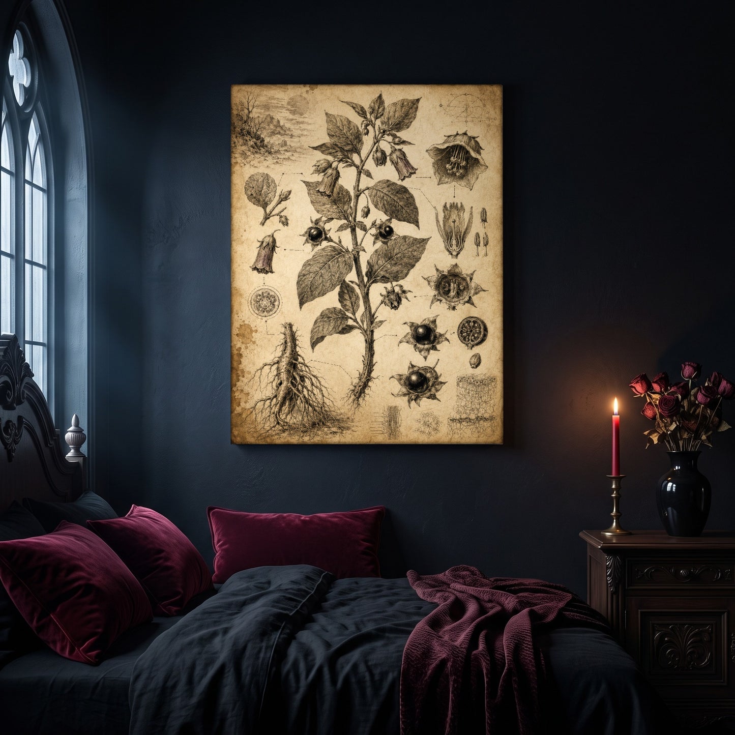 Belladonna botanical canvas hanging on a dark navy wall in a gothic bedroom, above a bed with burgundy velvet pillows and charcoal bedding, beside an arched leaded window and a wooden nightstand holding a lit red taper candle in a brass holder and a black vase of dried roses.