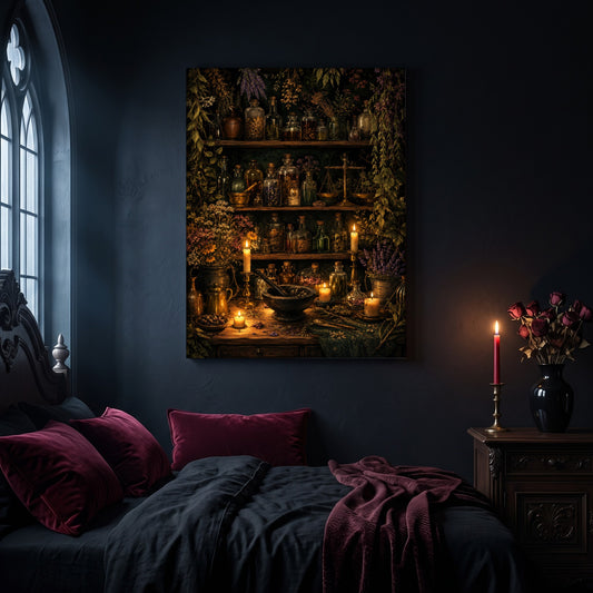 The Physick Shelf apothecary canvas hanging on a dark navy wall in a gothic bedroom, above a bed with burgundy velvet pillows and charcoal bedding, beside an arched leaded window and a wooden nightstand holding a lit red taper candle in a brass holder and a black vase of dried roses.