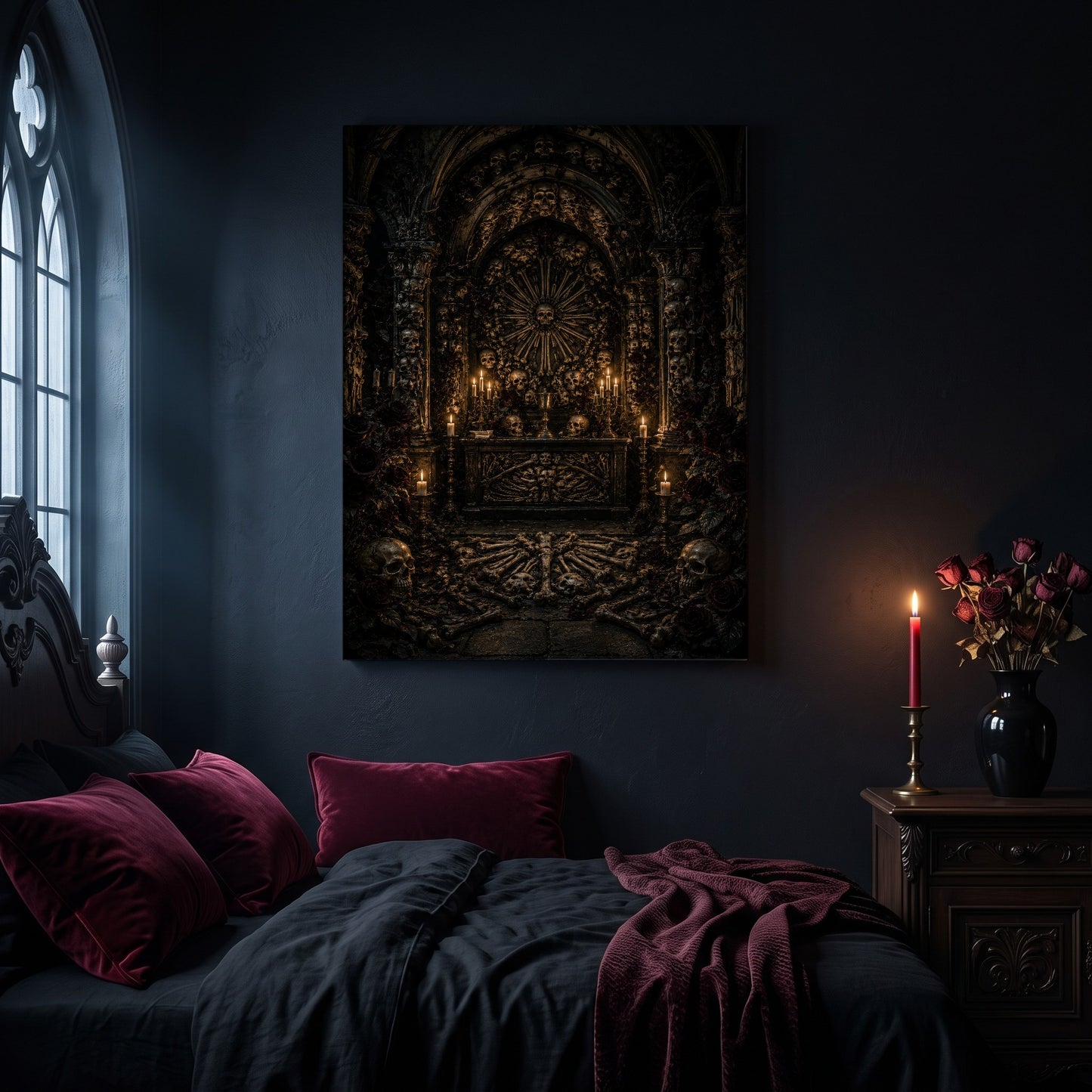 Charnel bone chapel canvas hanging on a dark navy wall in a gothic bedroom, above a bed with burgundy velvet pillows and charcoal bedding, beside an arched leaded window and a wooden nightstand holding a lit red taper candle in a brass holder and a black vase of dried roses.
