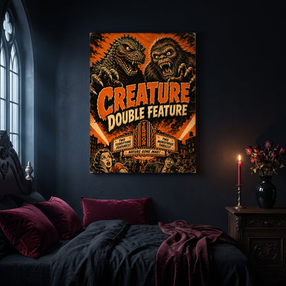 Marquee Mayhem retro monster canvas hanging on a dark navy wall in a gothic bedroom, above a bed with burgundy velvet pillows and charcoal bedding, beside an arched leaded window and a wooden nightstand holding a lit red taper candle in a brass holder and a black vase of dried roses.