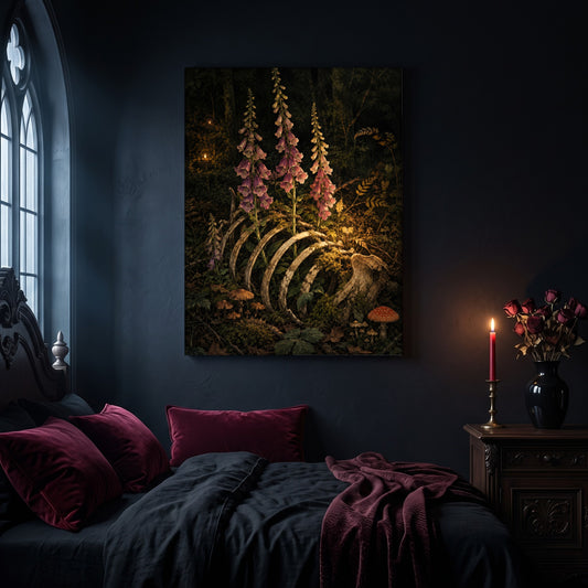 Digitalis foxglove canvas hanging on a dark navy wall in a gothic bedroom, above a bed with burgundy velvet pillows and charcoal bedding, beside an arched leaded window and a wooden nightstand holding a lit red taper candle in a brass holder and a black vase of dried roses.