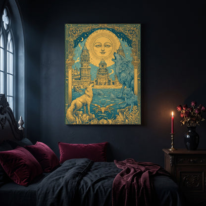 The Sunken Court poster canvas hanging on a dark navy wall in a gothic bedroom, above a bed with burgundy velvet pillows and charcoal bedding, beside an arched leaded window and a wooden nightstand holding a lit red taper candle in a brass holder and a black vase of dried roses.