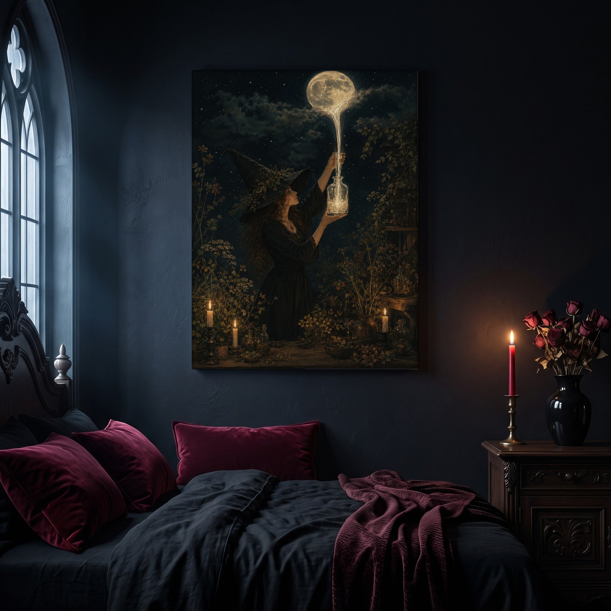 Moonfall lunar alchemy canvas hanging on a dark slate stone wall in a gothic bedroom, above a bed with burgundy velvet pillows and charcoal bedding, beside an arched leaded window and a wooden nightstand holding a lit red taper candle and a black vase of dried roses.