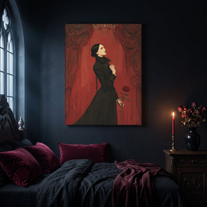 The Countess portrait canvas hanging on a dark navy wall in a gothic bedroom, above a bed with burgundy velvet pillows and charcoal bedding, beside an arched leaded window and a wooden nightstand holding a lit red taper candle in a brass holder and a black vase of dried roses.