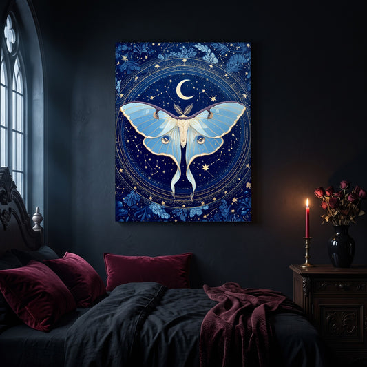 The Blue Hour luna moth canvas hanging on a dark navy wall in a gothic bedroom, above a bed with burgundy velvet pillows and charcoal bedding, beside an arched leaded window and a wooden nightstand holding a lit red taper candle in a brass holder and a black vase of dried roses.